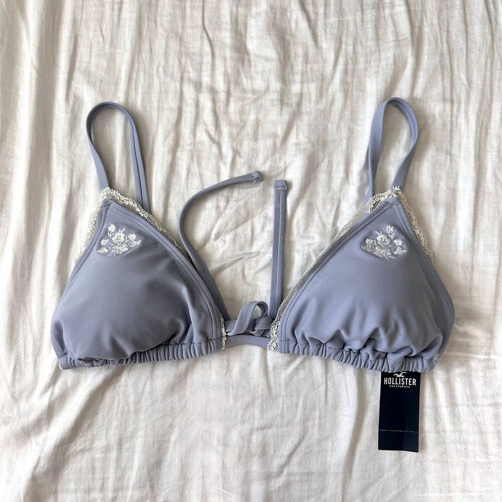 Hollister Embroidered Triangle Bikini Top in Light Blue/White NWT